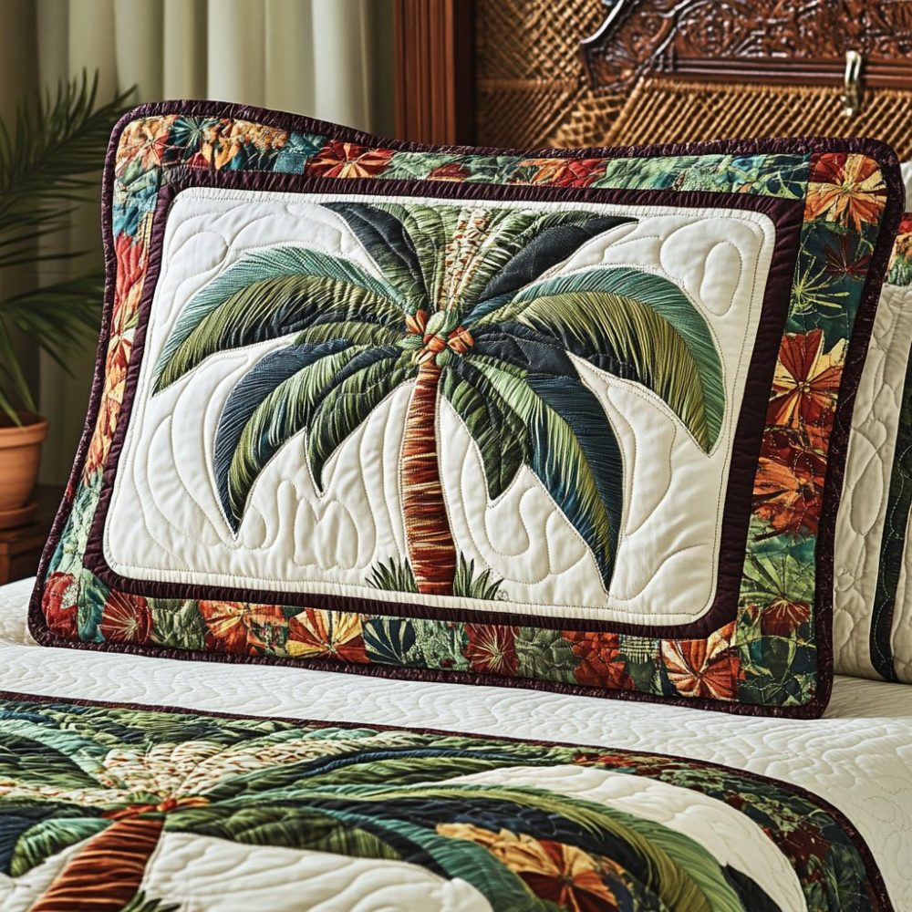 Tropical Quilted Pillow Cover — Lush Leaf Print Cotton-Blend Sham, Breathable Decorative Bedding Accent For Modern Coastal & Boho Rooms