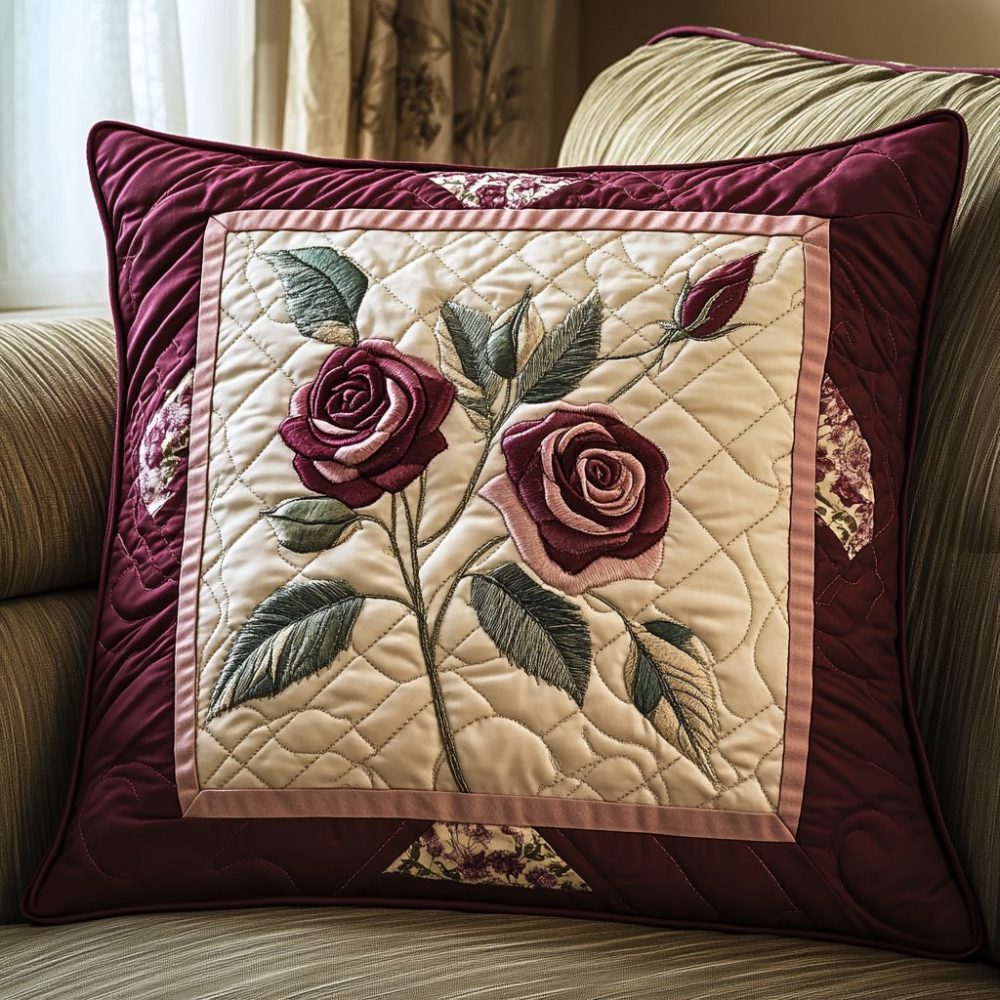 Rose Garden Quilted Pillow Cover – Elegant Floral Decorative Throw Pillowcase, Soft Quilted Texture For Classic & Romantic Interiors