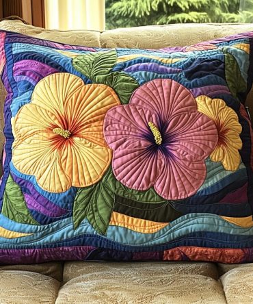 Hibiscus Harmony Quilted Accent Pillow Cover - Textured Floral Throw Pillowcase, Premium Cotton-Blend, Reversible & Machine Friendly