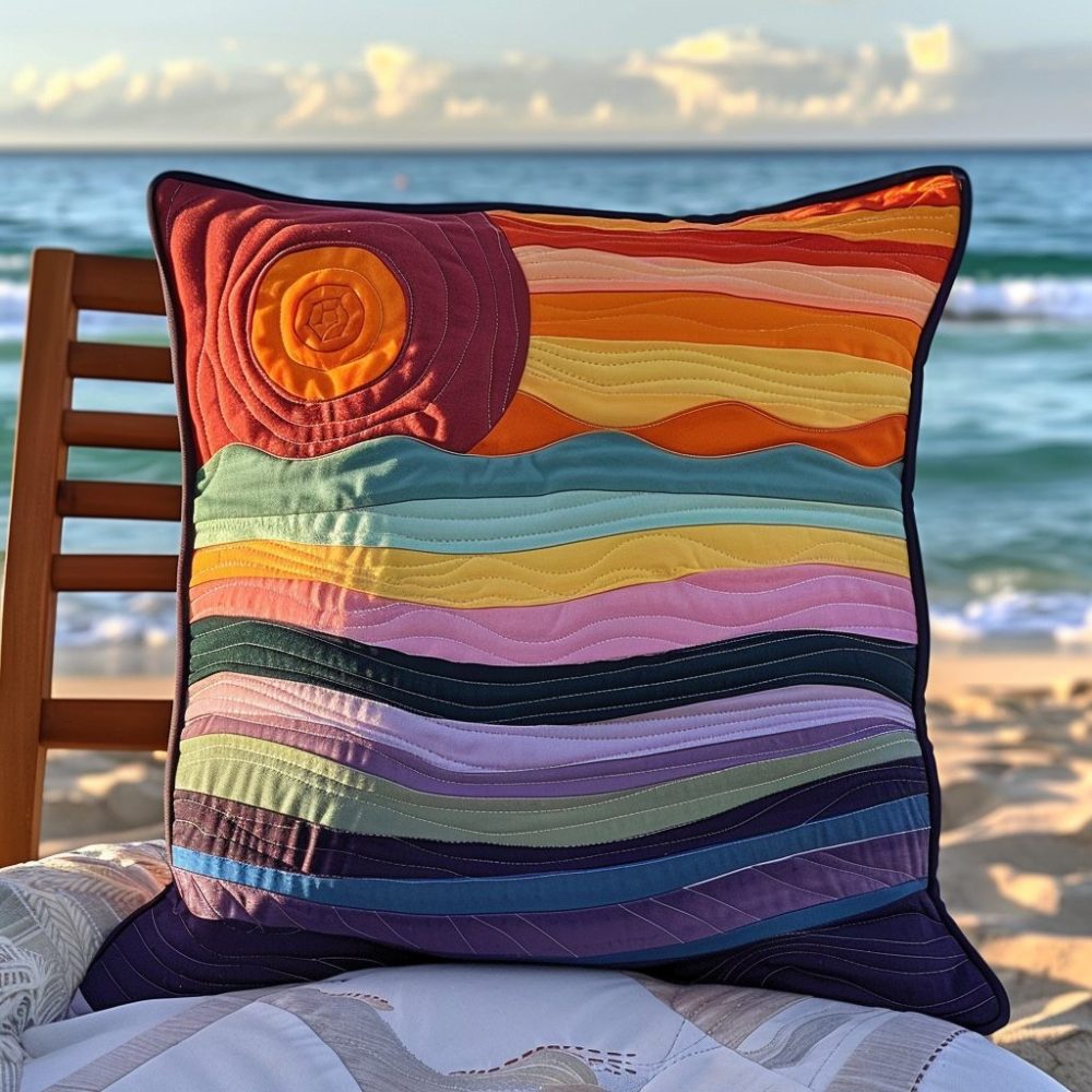 Sunset Surf Quilted Pillow Cover — Warm Sunset Hues & Textured Quilting For Beachy, Boho Or Coastal Living Spaces, Easy-Care Accent Sham