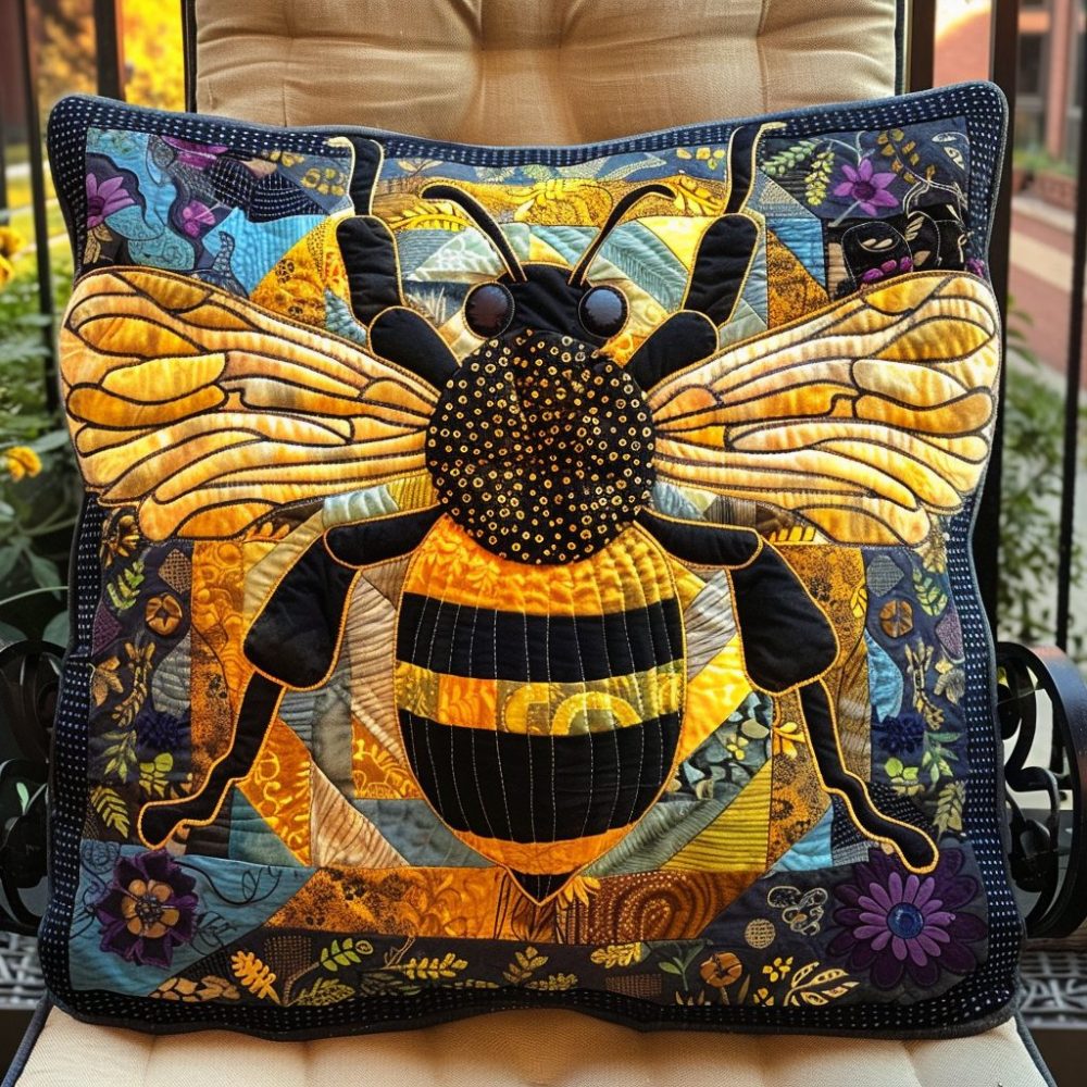 Luxury Buzzing Bee Quilted Pillow Cover — Decorative Embroidered Bee Accent For Living Room, Bedroom & Gift Giving, Soft Cotton