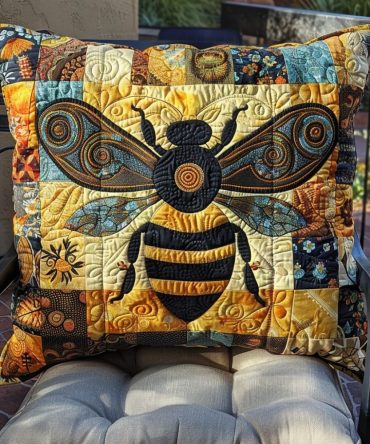 Royal Bee Quilted Pillow Cover — Embroidered Regal Honeybee Accent For Bed & Sofa, High-Quality Cotton, Classic Cottage Style