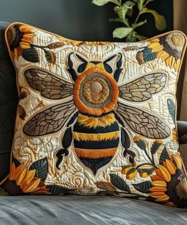 Bee Garden Quilted Pillow Cover — Cheerful Embroidered Bee & Flower Design, Machine-Washable Cotton Accent Pillowcase For Home