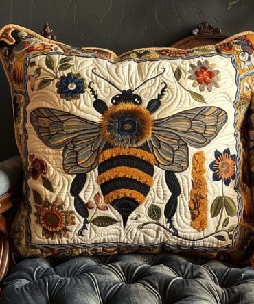 Elegant Bee Monarchy Quilted Pillow Cover — Royal Embroidered Bee Accent, Premium Quilted Cotton Throw Pillowcase For Classic Interiors