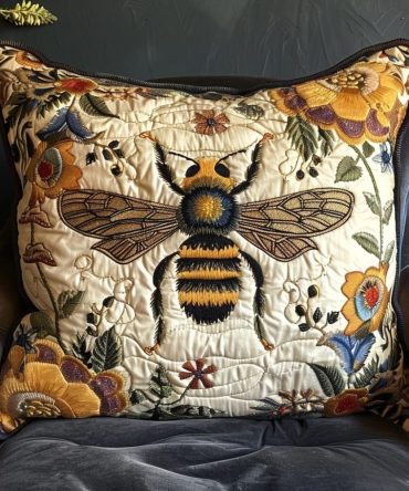 Buzzworthy Quilted Bee Pillow Cover — Bold Embroidered Bee Design On Quilted Cotton, Stylish Accent Pillowcase For Modern Farmhouse