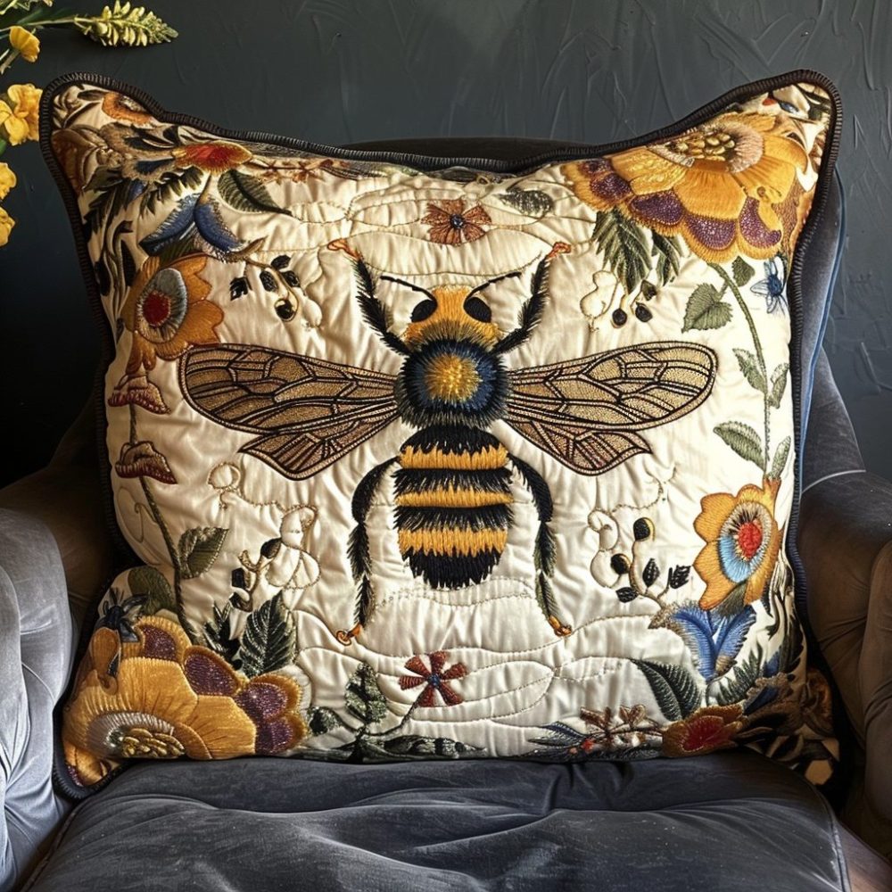 Buzzworthy Quilted Bee Pillow Cover — Bold Embroidered Bee Design On Quilted Cotton, Stylish Accent Pillowcase For Modern Farmhouse