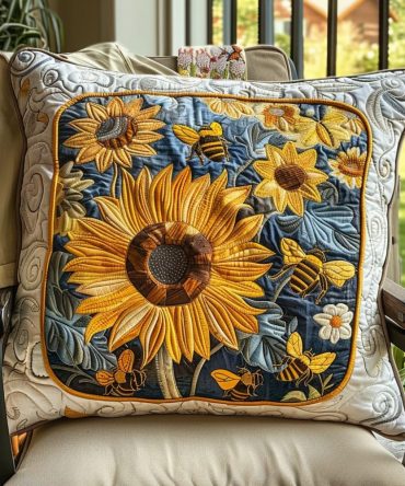 Sunflower Bee Quilted Pillow Cover — Sunny Embroidered Sunflower & Bee Accent, Breathable Cotton Throw Pillowcase For Bright Home Styling