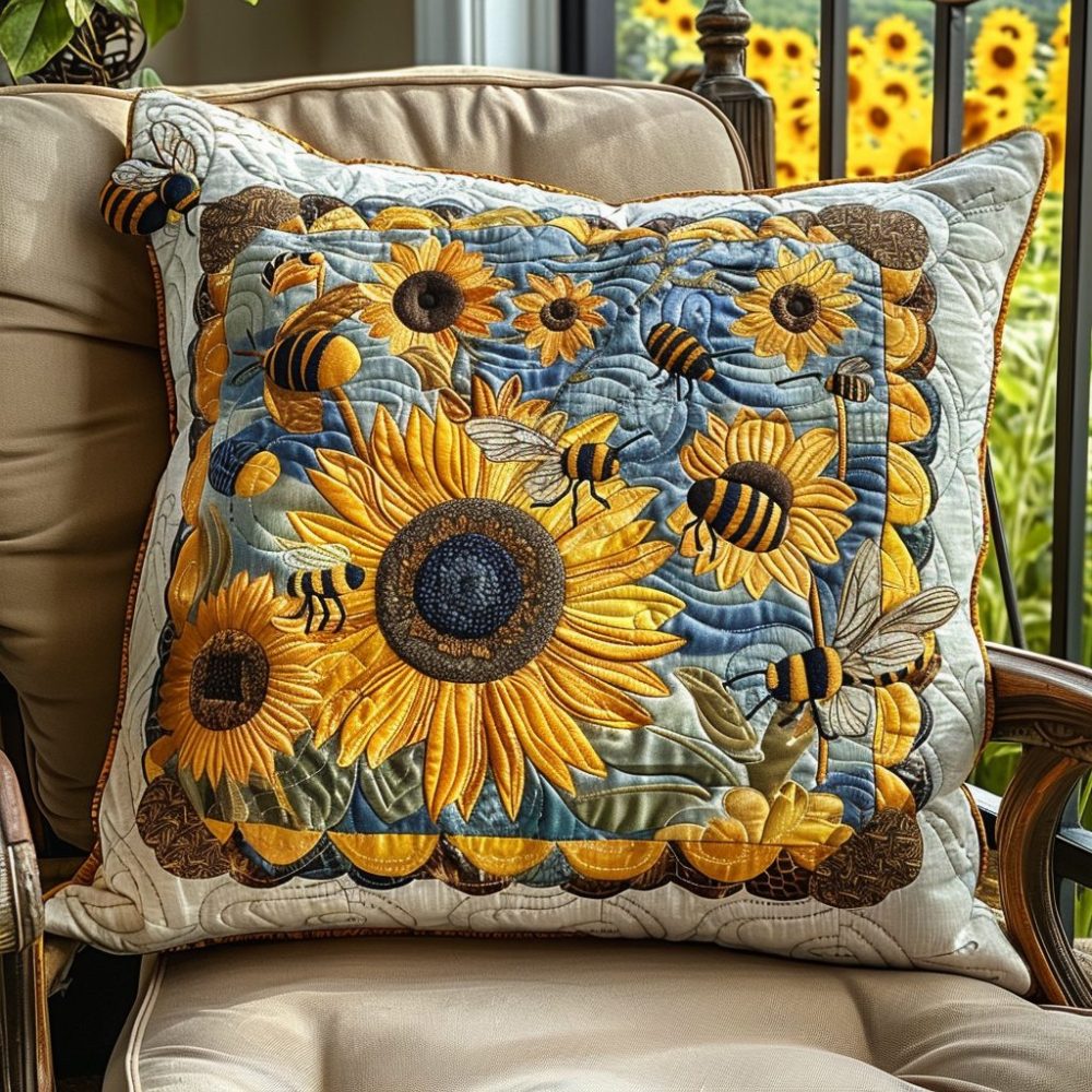 Royal Bee & Sunflower Quilted Pillowcase — Embroidered Crowned Bee With Sunflower Accent, Premium Cotton Decorative Throw Cover