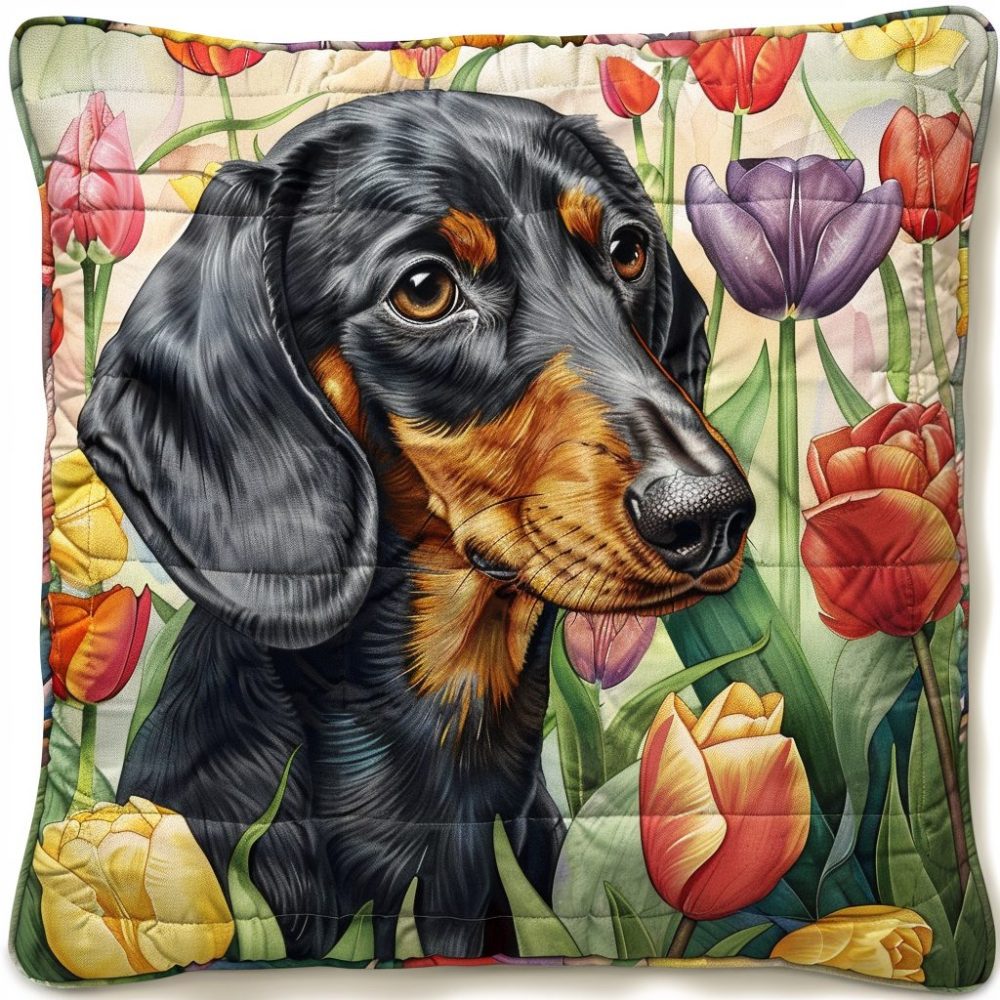 Floral Dachshund Quilted Pillow Cover - Charming Sausage Dog Among Blooms, Decorative Accent, Soft Quilted Cotton 18X18