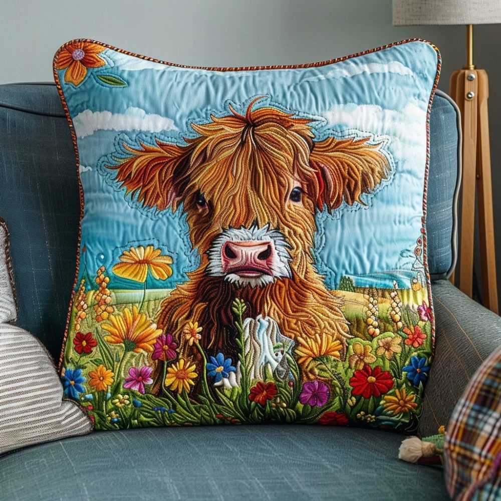 Highland Cow Quilted Pillow Cover - Cute Farm Animal In Wildflower Field, Soft Cotton, Country Cottage Accent, 18X18