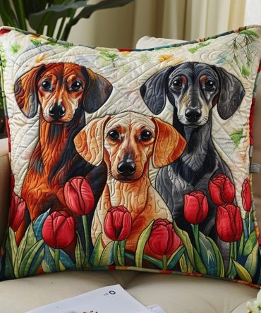 Elegant Trio Dachshunds With Crimson Tulips Quilted Pillowcase — Artistic Dog Print Decorative Throw Cushion, Chic Floral Pet Home Decor