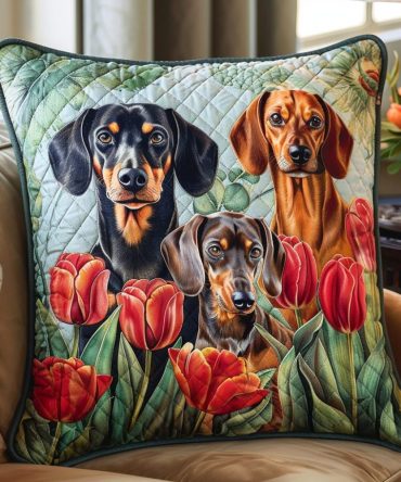Dachshunds & Scarlet Tulips Quilted Pillow Cover - Playful Garden Dog Design, Soft Cotton, Decorative Throw, 18X18