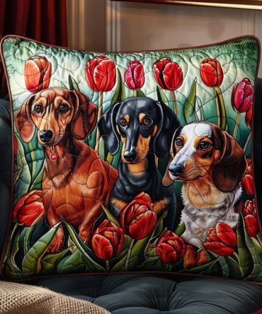 Regal Dachshunds & Red Tulips Quilted Pillow Cover — Royal Pet Portrait Throw Pillowcase, Statement Floral Cushion For Living Room