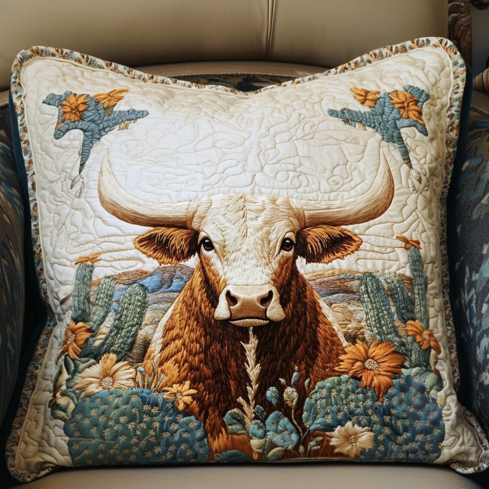 Desert Longhorn Quilted Pillow Cover — Southwestern Longhorn Decorative Throw Case For Rustic, Western & Boho Living Spaces