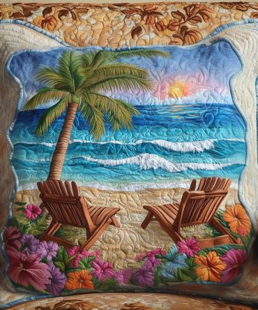 Island Escape Quilted Pillow Cover — Tropical Leaf Pattern Decorative Throw Case For Sunroom, Patio Lounge & Vacation-Inspired Interiors