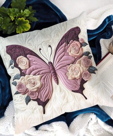 Golden Flutter Quilted Pillow Cover — Lux Metallic Butterfly Accent Pillowcase, Quilted Decorative Throw For Elegant Home Styling