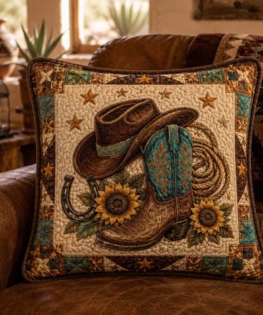 Golden Rodeo Quilted Pillow Cover — Western Rodeo Accent Throw For Cowboy-Inspired Farmhouse, Rustic Living Spaces, Durable & Washable