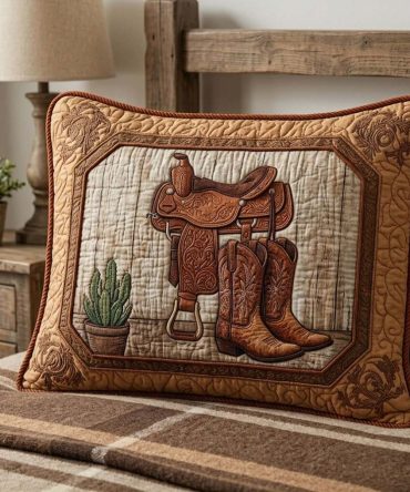 Cowboy Boots Ranch Quilted Pillow Cover — Western Boot Motif Decorative Pillowcase, Textured Cotton-Blend Accent For Rustic Rooms