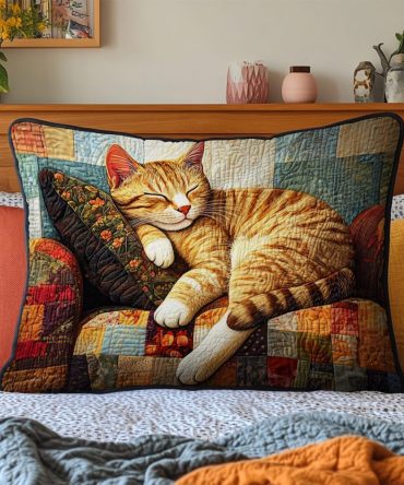 Sunlit Cat Nap Quilted Pillow Cover – Sunny Whiskers Cat Print Pillowcase, Lightweight Quilted Throw For Cozy Lounging And Pet-Friendly Rooms