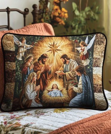 Bethlehem Scene Quilted Pillowcase – Traditional Nativity Decorative Pillow Cover For Christmas Displays, Elegant Quilted Holiday Accent