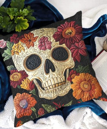 Floral Skull Charm Quilted Pillow Cover - Gothic Boho Throw Pillowcase With Colorful Rose Skull Design, Unique Decorative Accent