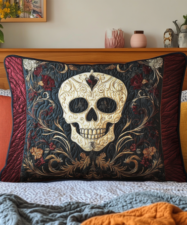 Gothic Shadowed Rose Skull Quilted Pillow Cover — Dark Floral Decorative Pillowcase For Alternative Bedrooms, Statement Home Accent