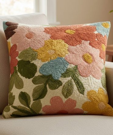 Retro Daisy Patchwork Quilted Pillow Cover - Vintage Floral Throw Pillowcase For Midcentury, Boho & Cheerful Home Accents
