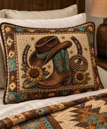 Golden Rodeo Quilted Pillow Cover — Luxe Rodeo Motif Decorative Pillowcase, Warm Quilted Accent For Western & Rustic Interiors