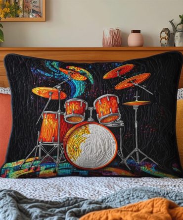 Percussion Passion Quilted Pillow Cover — Musical Drum Motif Quilted Decorative Pillowcase For Music Lovers, Studio & Living Room Style
