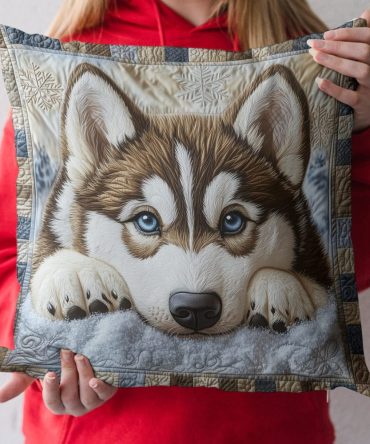 Husky Cloud Quilted Throw Pillow Cover — Playful Husky Illustration On Soft Quilted Cotton-Blend, Cozy Accent For Pet Lovers