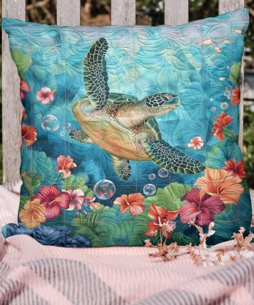 Turtle Cove Quilted Pillow Cover - Coastal Sea Turtle Print Pillowcase, Soft Quilting, Durable Cotton-Blend, Perfect Beach House Accent
