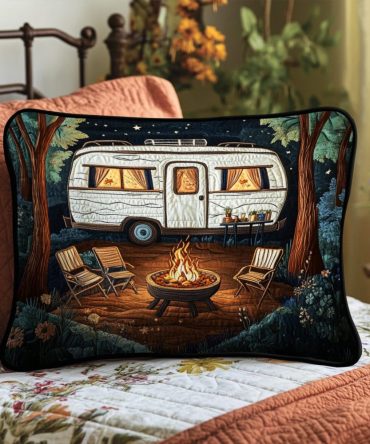 Moonlit Camper Quilted Pillowcase — Vintage Camper & Moon Motif Decorative Sham, Cozy Outdoor-Inspired Bedding Accent For Adventurers