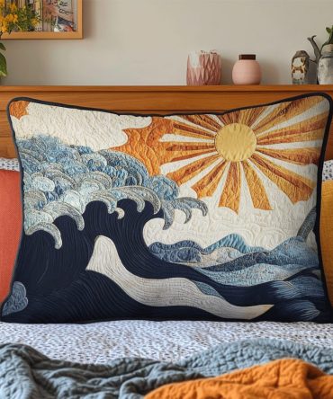 Ocean Sunrise Quilted Pillow Cover — Coastal Sunrise Print, Soft Quilted Texture, Fade-Resistant Cotton-Blend, Beach House Throw Accent