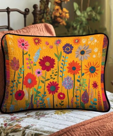 Vibrant Bold Floral Quilted Pillowcase — Eye-Catching Flower Print Decorative Accent Cover For Bed & Sofa, Soft Cotton-Blend, Machine-Washable
