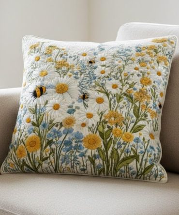 Meadow Bees Quilted Pillow Cover - Floral Honeybee Cotton Sham For Cottage, Farmhouse & Nature-Inspired Bedroom Accents