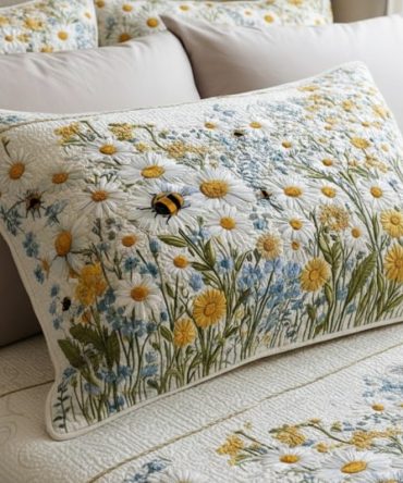 Meadow Bees Quilted Pillowcase – Charming Bee Motif Decorative Pillow Sham, Soft Cotton Blend For Cottage & Farmhouse Decor, Easy-Care