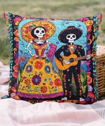 Day Of The Dead Mexican Quilted Throw Pillow Cover — Colorful Calavera Skull Design, Festive Cotton-Blend, 18X18In Accent