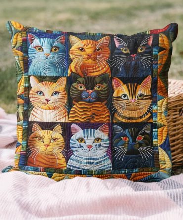 Cat Parade Whimsical Quilted Pillowcase Cover — Charming Decorative Pillow Sham, Soft Cotton-Blend, Breathable & Easy-Care
