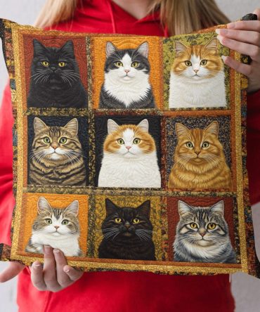 Funny Cat Patchwork Quilted Throw Pillow Cover — Playful Patchwork Feline Art, Cozy Cotton-Blend, 18X18In Accent Cushion