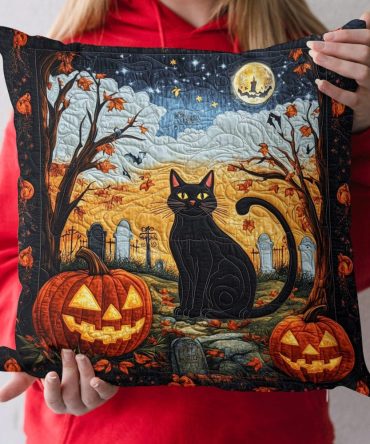 Spook-Tacular Black Cat Quilted Pillow Cover — Halloween Decorative Pillow Sham, Soft Cotton-Blend, Durable & Easy-Care Accent