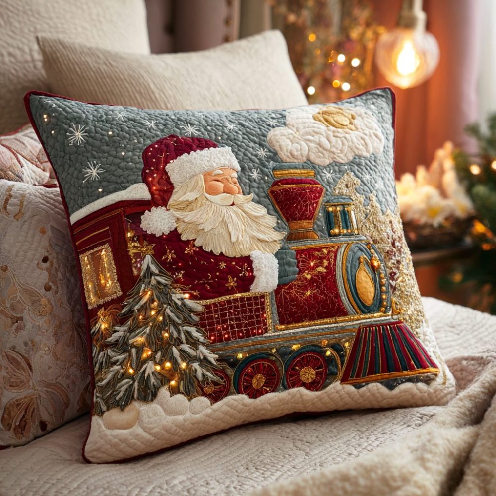 Festive Christmas Train Quilted Pillow Cover - Holiday Cotton Throw Pillowcase For Sofa, Entryway & Kids, Charming Seasonal Decor