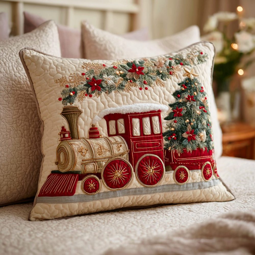 Vintage Holiday Steam Engine Quilted Pillow Cover - Festive Cotton Throw Pillowcase For Christmas Mantel & Kids Rooms, Train Decor