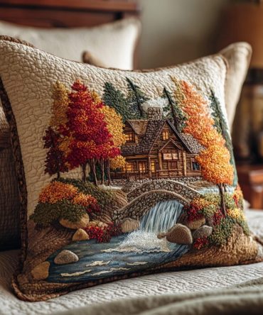Woodland Rustic Quilted Pillow Cover — Earth-Tone Throw Pillowcase With Nature Motif, Cozy Cabin Decor, Soft Cotton, Durable Finish