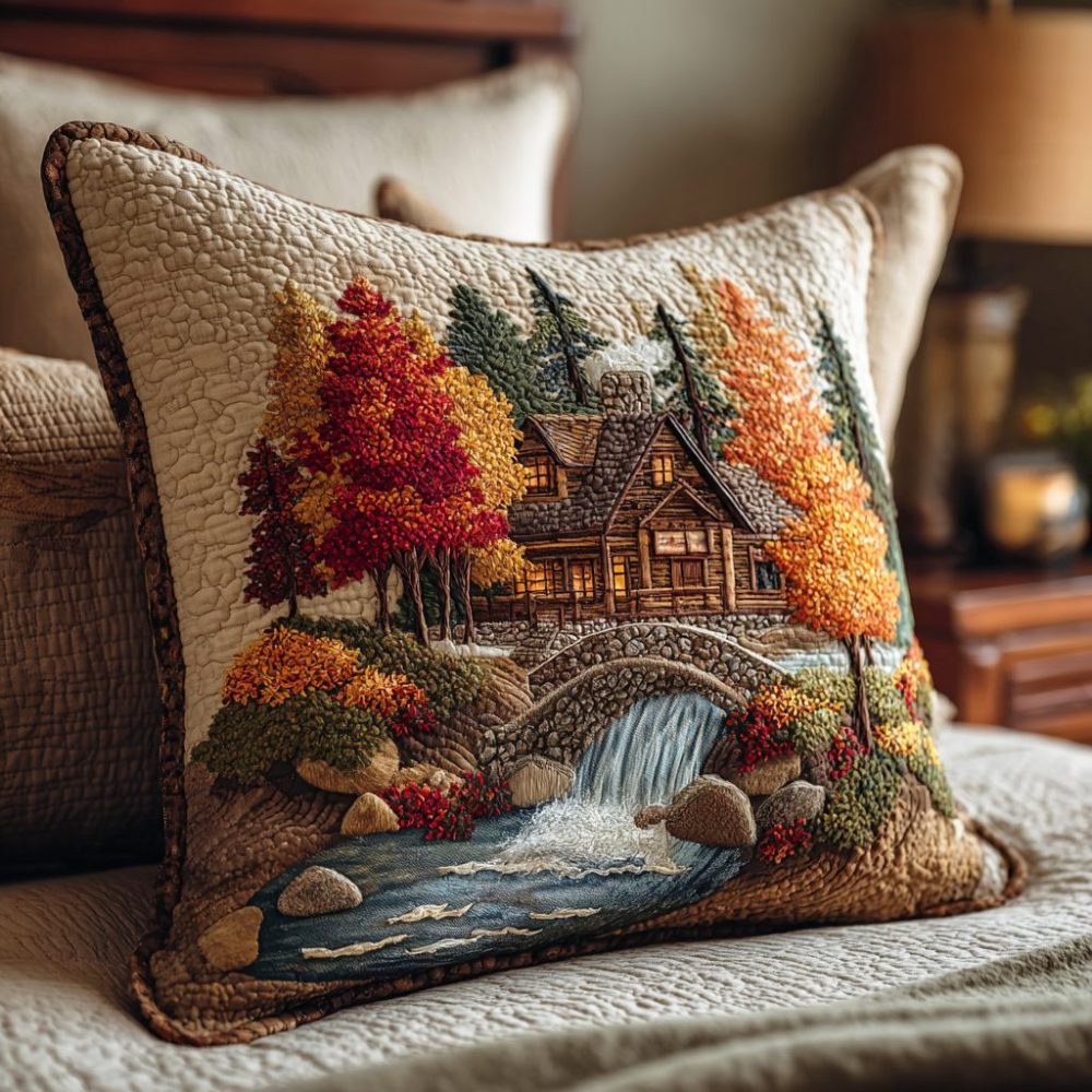 Woodland Rustic Quilted Pillow Cover — Earth-Tone Throw Pillowcase With Nature Motif, Cozy Cabin Decor, Soft Cotton, Durable Finish