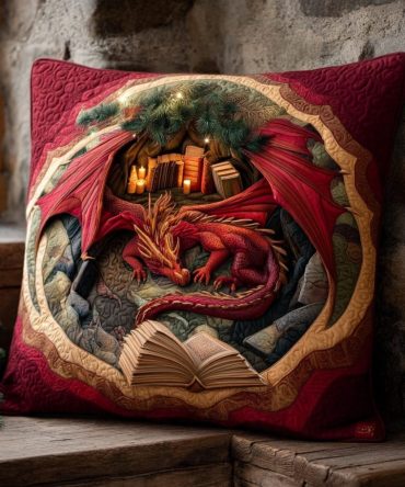 Emberkeep Dragon Quilted Pillow Cover - Premium Cotton Fantasy Throw Pillowcase With Dragon Motif For Gamer, Kids & Medieval Decor