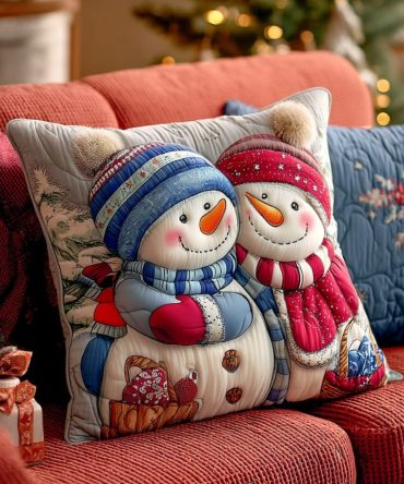 Frosty Love Story Quilted Winter Pillow Cover — Romantic Snowy Throw Pillowcase With Embroidered Seasonal Motifs For Cozy Holiday Spaces