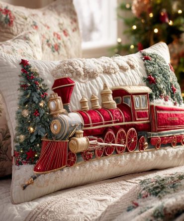 Holiday Steam Engine Quilted Pillow Cover — Nostalgic Train Motif Decorative Cushion Case, Heavy-Duty Cotton-Blend For Vintage Christmas Style