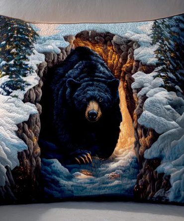 Onyx Bear Den Quilted Decorative Pillow Cover — Rustic Black Bear Throw Pillow Case For Cabin, Lodge & Woodland Home Decor