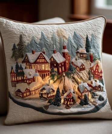 Christmas Village Hearth Glow Quilted Pillow Cover - Holiday Village Decorative Throw Cushion For Mantel & Cozy Living Rooms