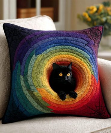 Spooky Black Cat Quilted Throw Pillow Cover - Halloween Cat Silhouette, Quilted Texture, Charming Seasonal Accent For Home